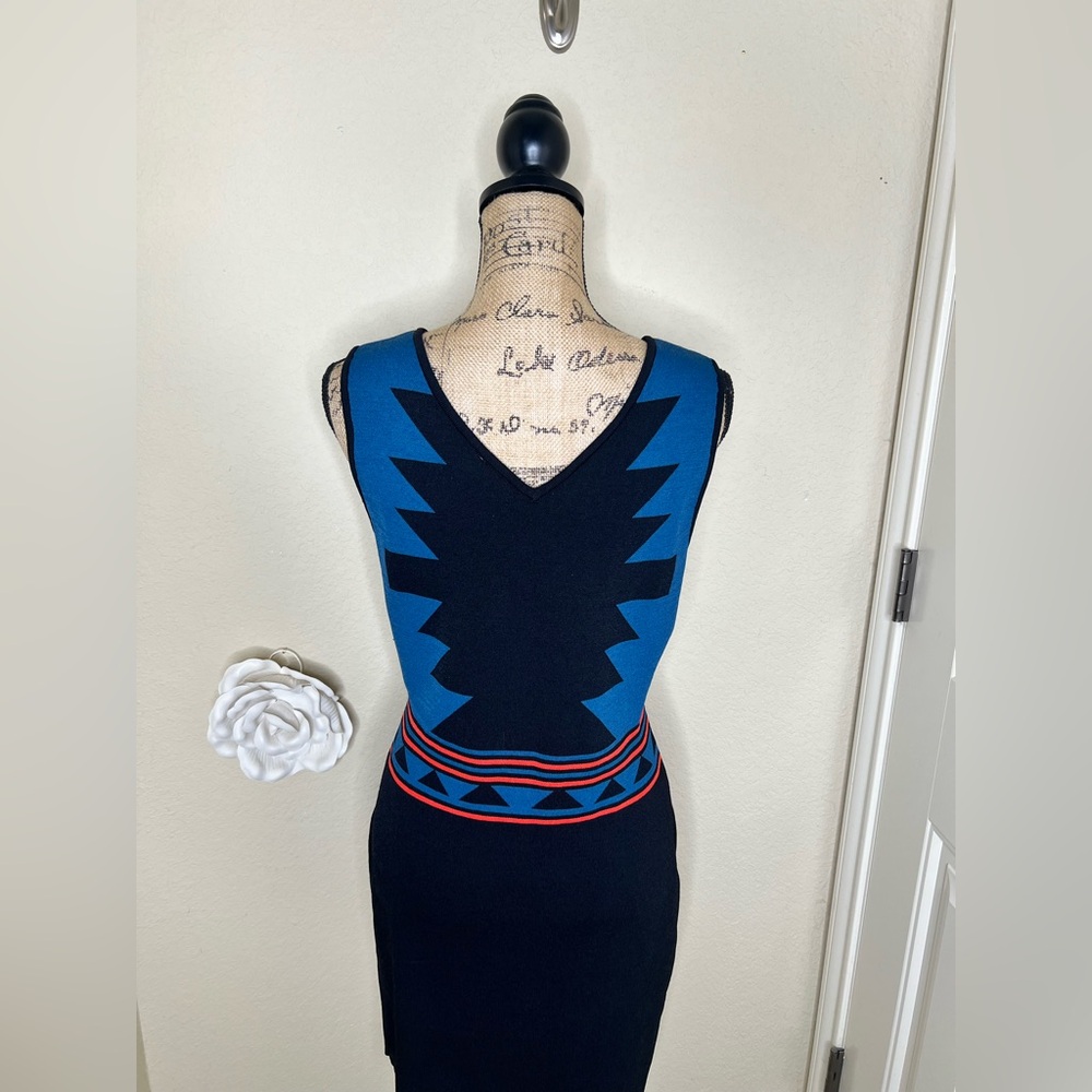 NTM Romeo & Juliet Couture Aztec Bodycon Dress Blue Black Bandage Mini Size L - Picture 13 of 14